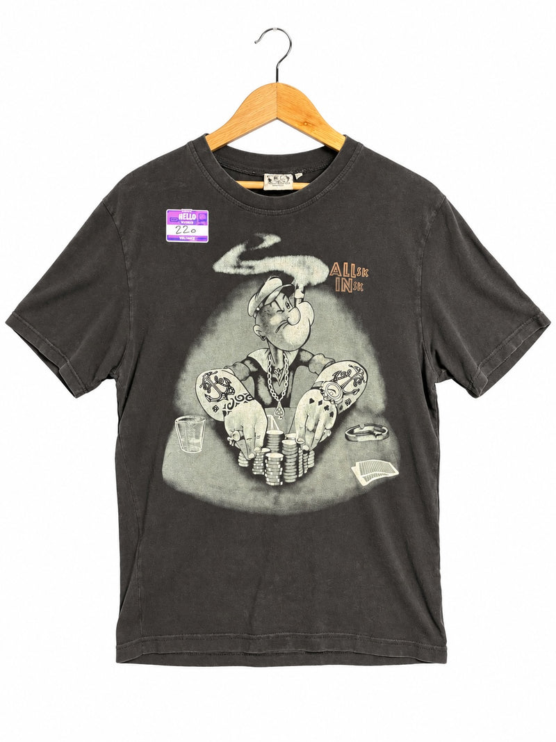OutOf10 charcoal black cotton crewneck t-shirt featuring a vintage Popeye graphic print with a lived-in wash finish.