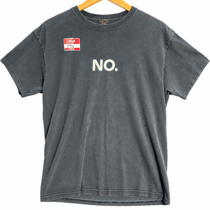 OutOf10 charcoal grey cotton graphic t-shirt with a white NO. print and a red Hello name tag on the chest.