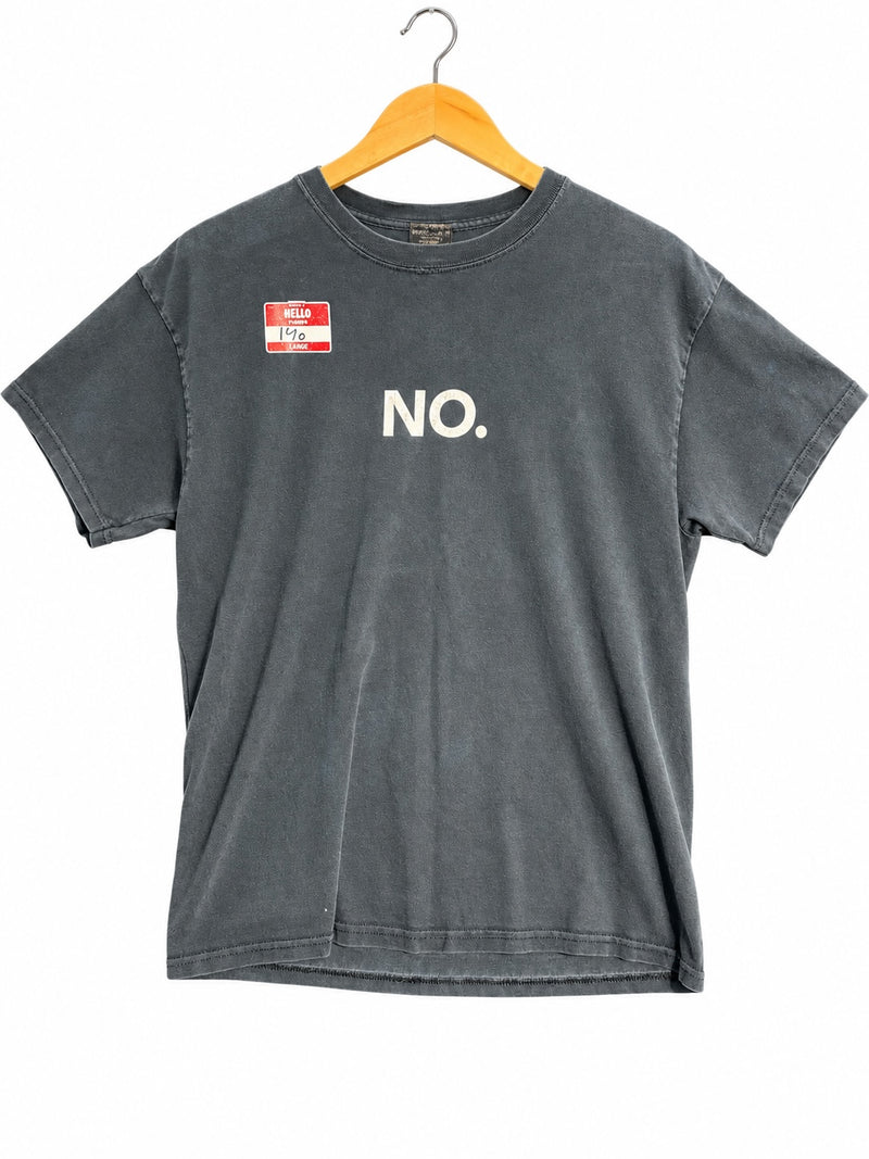 OutOf10 charcoal grey cotton graphic t-shirt with a white NO. print and a red Hello name tag on the chest.