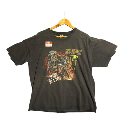 OutOf10 charcoal grey cotton t-shirt featuring a vintage Mad Sunday Isle of Man TT motorcycle graphic print.