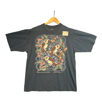 OutOf10 charcoal grey cotton t-shirt featuring Aboriginal dot art of kookaburras and gum blossoms on a hanger.