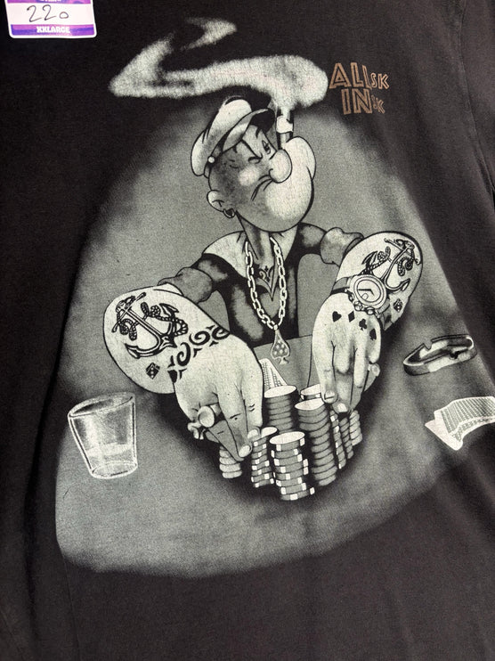 OutOf10 charcoal black cotton t-shirt featuring a vintage Popeye graphic print of him playing poker with tattoos.