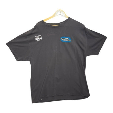 OutOf10 charcoal grey Reel Legends crewneck t-shirt with front chest logo on a wooden hanger