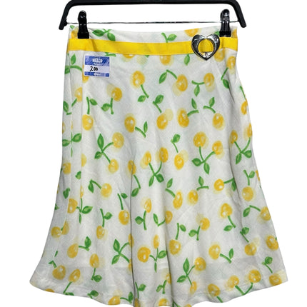 OutOf10 vintage style white A-line skirt with yellow cherry print and a yellow waistband featuring a heart buckle.