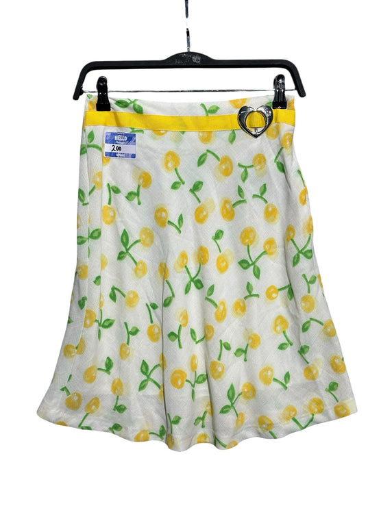 OutOf10 vintage style white A-line skirt with yellow cherry print and a yellow waistband featuring a heart buckle.