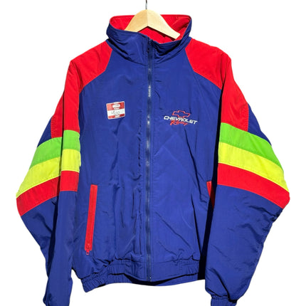 OutOf10 vintage Chevrolet Racing windbreaker jacket in royal blue, red, and neon yellow nylon with embroidered logo.