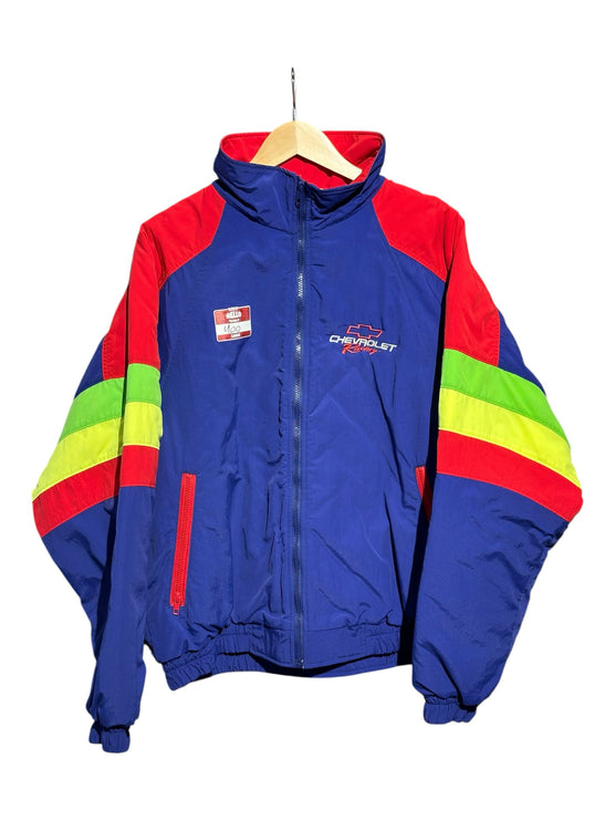 OutOf10 vintage Chevrolet Racing windbreaker jacket in royal blue, red, and neon yellow nylon with embroidered logo.