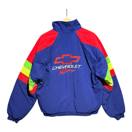 OutOf10 vintage Chevrolet Racing windbreaker jacket in royal blue, red, and neon yellow with embroidered back logo.