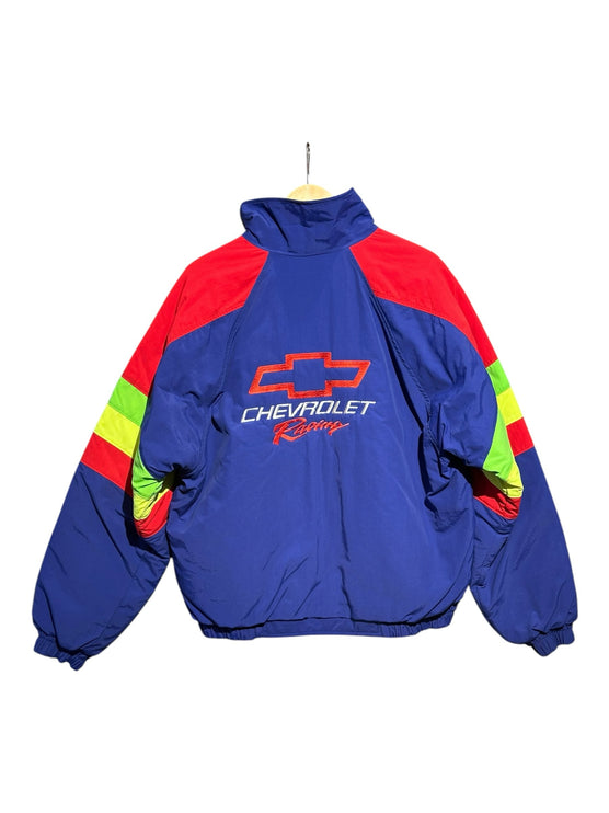 OutOf10 vintage Chevrolet Racing windbreaker jacket in royal blue, red, and neon yellow with embroidered back logo.