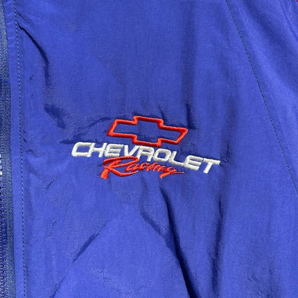 OutOf10 vintage royal blue nylon windbreaker jacket featuring embroidered red and white Chevrolet Racing logo