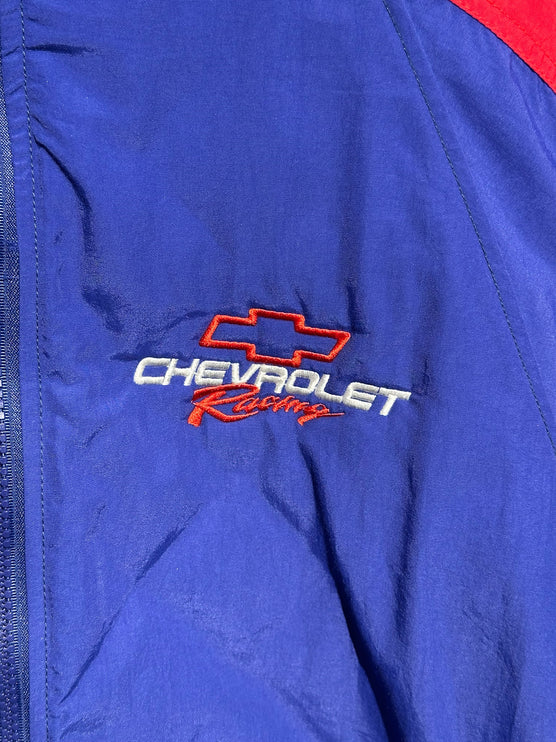 OutOf10 vintage royal blue nylon windbreaker jacket featuring embroidered red and white Chevrolet Racing logo