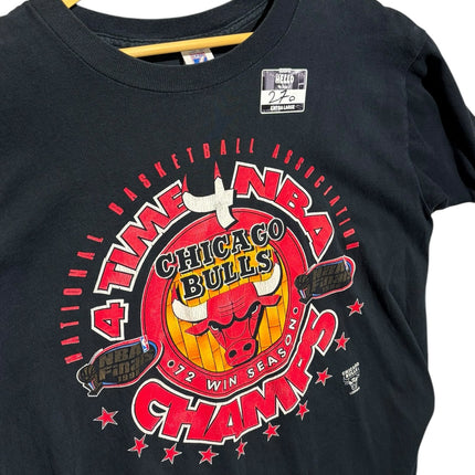 OutOf10 vintage black Chicago Bulls graphic t-shirt with red and yellow championship print on a wooden hanger