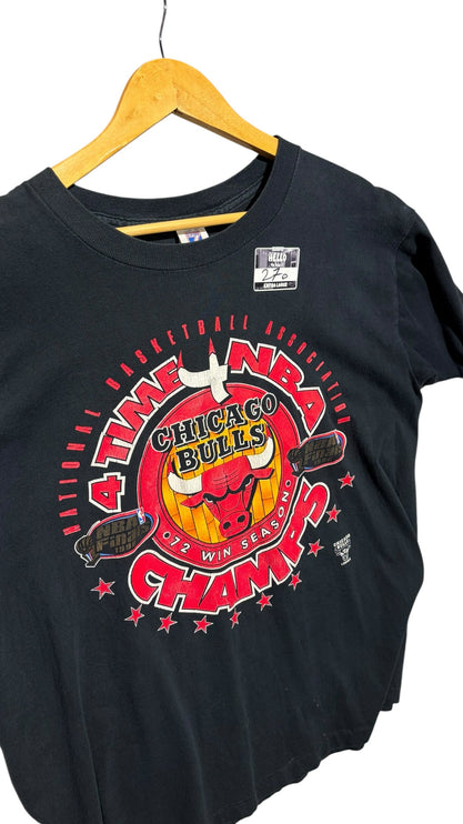 OutOf10 vintage black Chicago Bulls graphic t-shirt with red and yellow championship print on a wooden hanger