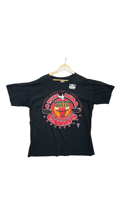 OutOf10 vintage black Chicago Bulls graphic t-shirt with red and yellow championship basketball team logo print.