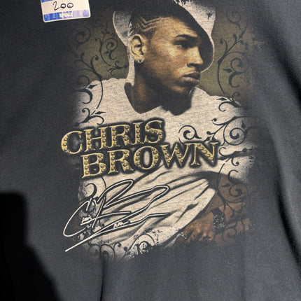 OutOf10 black cotton crewneck t-shirt featuring a vintage Chris Brown graphic print with filigree and signature.