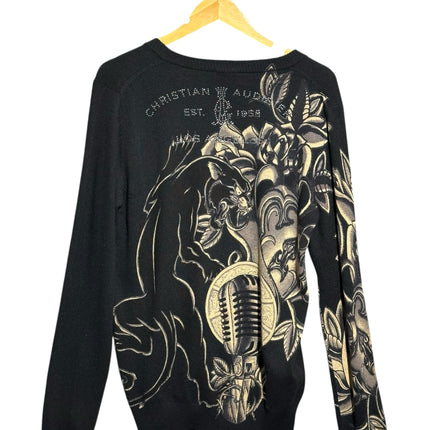 OutOf10 black Christian Audigier V-neck sweater with panther, microphone, and floral rhinestone graphic print.