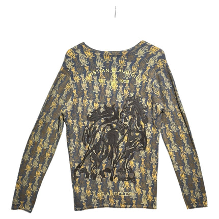 OutOf10 Christian Audigier long sleeve knit sweater with blue and gold crown pattern and large black horse graphic back