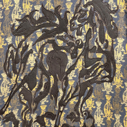 OutOf10 Christian Audigier knit sweater featuring a dark horse embroidery over a blue and gold crown pattern