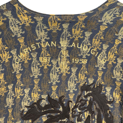 OutOf10 Christian Audigier knit sweater with blue and gold crown pattern, signature script, and horse embroidery.