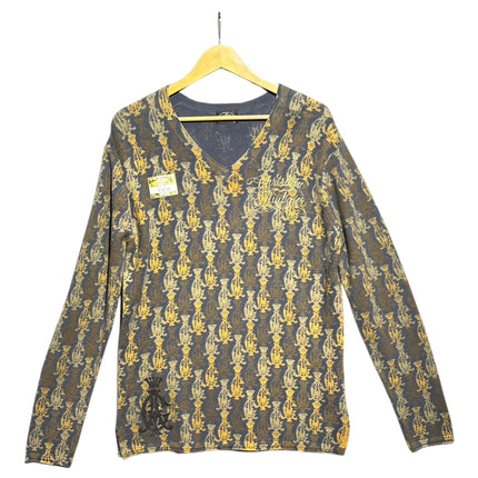 OutOf10 Christian Audigier long sleeve V-neck knit sweater in blue and gold with crown pattern and signature script