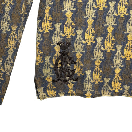 OutOf10 Christian Audigier long sleeve knit sweater in blue and gold with a repeating crown motif and logo patch