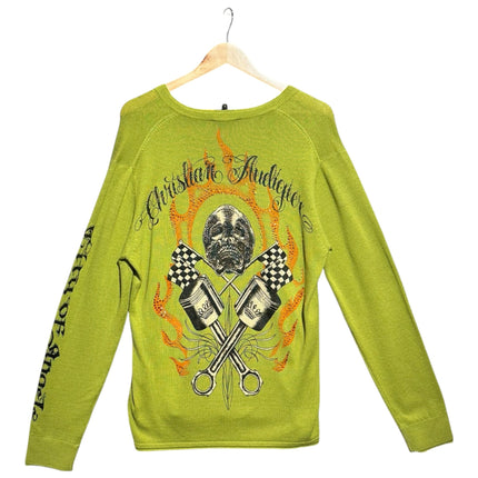 OutOf10 lime green Christian Audigier knit sweater with back skull, checkered flag, and piston graphic with rhinestones
