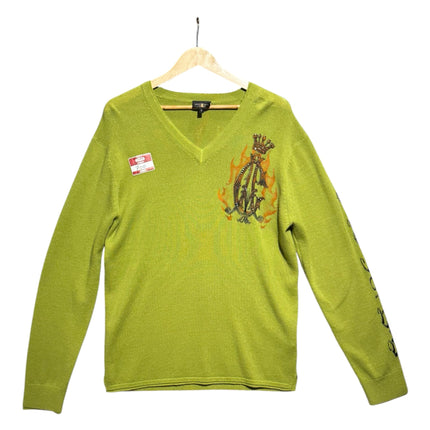 OutOf10 lime green Christian Audigier V-neck knit sweater with rhinestone crown monogram and fiery graphic details.