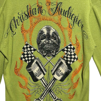 OutOf10 lime green Christian Audigier knit sweater featuring a back graphic of a skull, checkered flags, and pistons.