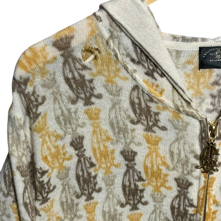 OutOf10 Christian Audigier full zip hoodie in cream, gold, and brown with a repeating crown monogram knit pattern.