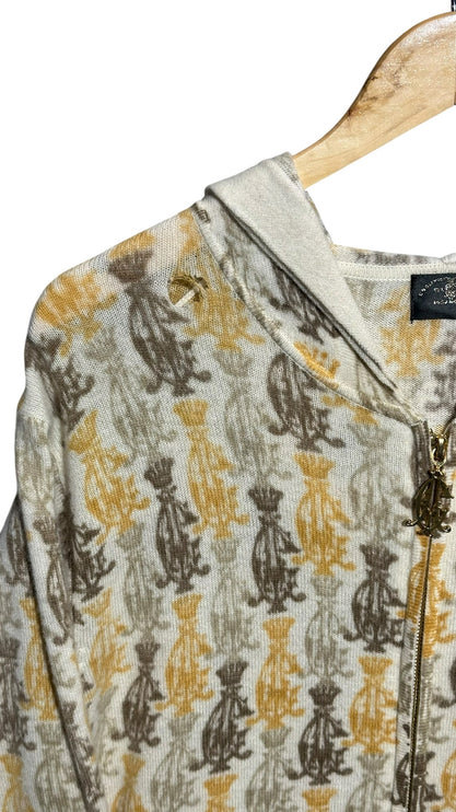 OutOf10 Christian Audigier full zip hoodie in cream, gold, and brown with a repeating crown monogram knit pattern.