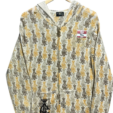 OutOf10 Christian Audigier full-zip hoodie with gold and brown crown monogram pattern and embroidered front emblem.