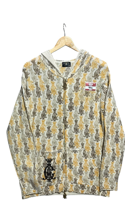 OutOf10 Christian Audigier full-zip hoodie with gold and brown crown monogram pattern and embroidered front emblem.