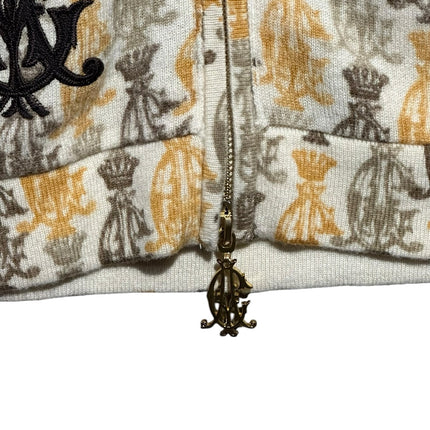 OutOf10 Christian Audigier full zip hoodie in cream with gold and brown crown monogram pattern and branded metal pull