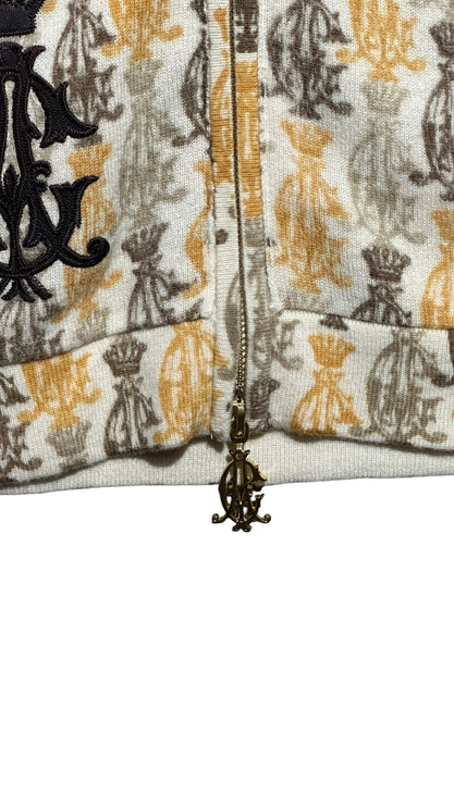 OutOf10 Christian Audigier full zip hoodie in cream with gold and brown crown monogram pattern and branded metal pull