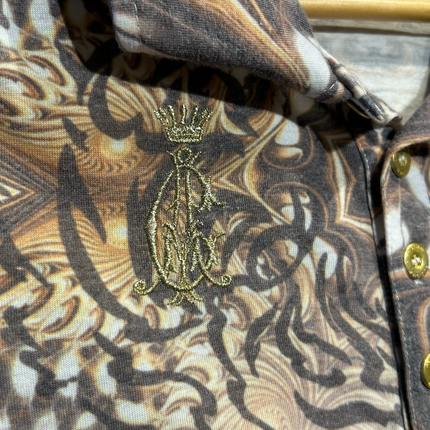 OutOf10 Christian Audigier polo shirt with brown tiger print, gold embroidery, and rhinestone button details.