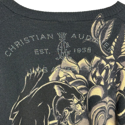 OutOf10 black V-neck sweater featuring a rhinestone-embellished panther, floral graphic, and Christian Audigier logo.