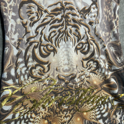 OutOf10 Christian Audigier polo shirt featuring a detailed tiger graphic, gold embroidery, and rhinestone accents.