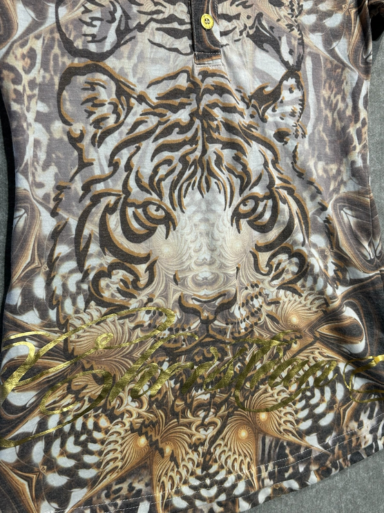 OutOf10 Christian Audigier polo shirt featuring a detailed tiger graphic, gold embroidery, and rhinestone accents.