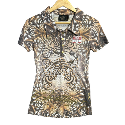 OutOf10 Christian Audigier polo shirt with tiger graphic print, gold embroidery, and rhinestone accents.