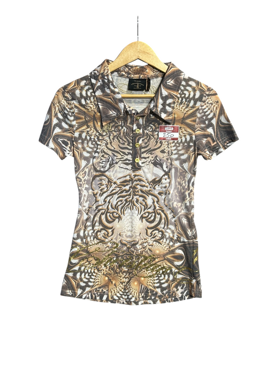 OutOf10 Christian Audigier polo shirt with tiger graphic print, gold embroidery, and rhinestone accents.