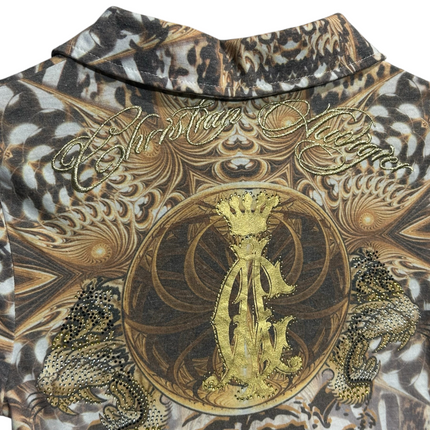 OutOf10 Christian Audigier polo shirt featuring intricate tiger graphic print, gold embroidery, and rhinestone accents.