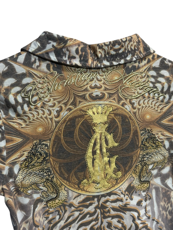 OutOf10 Christian Audigier polo shirt featuring intricate tiger graphic print, gold embroidery, and rhinestone accents.