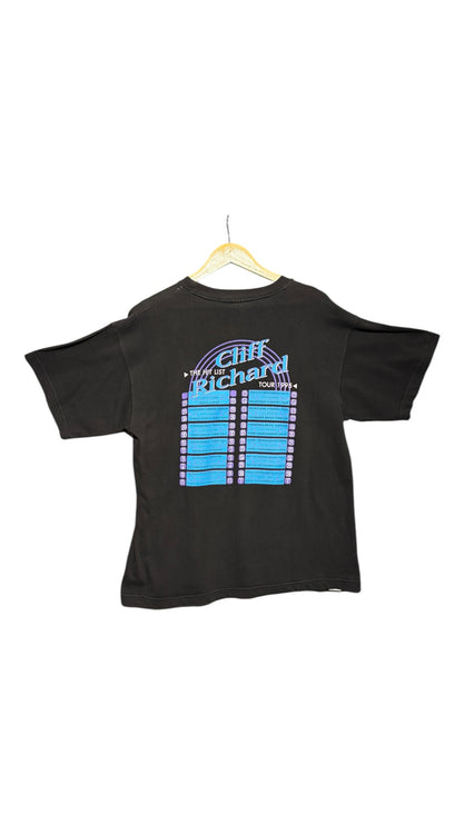 OutOf10 vintage black cotton Cliff Richard 1995 tour t-shirt with blue and purple concert schedule on the back