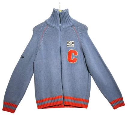 OutOf10 Converse vintage-inspired blue knit full-zip sweater with orange ribbed cuffs, hem, and collegiate C patch.