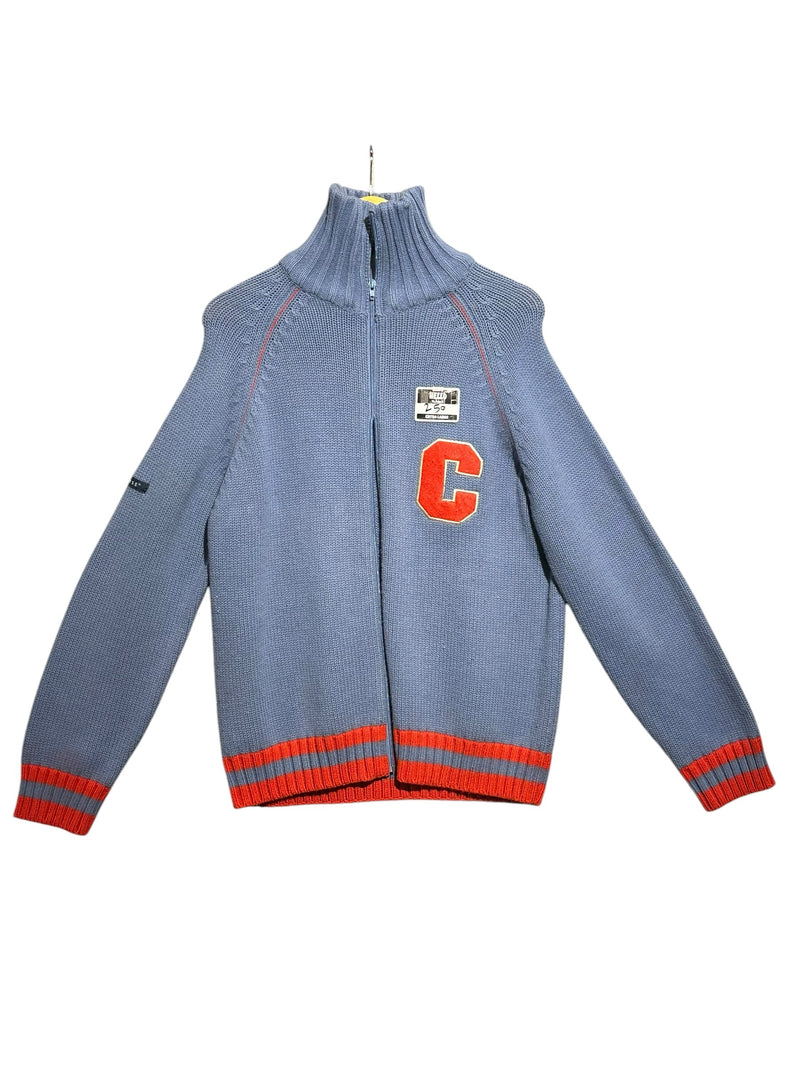 OutOf10 Converse vintage-inspired blue knit full-zip sweater with orange ribbed cuffs, hem, and collegiate C patch.