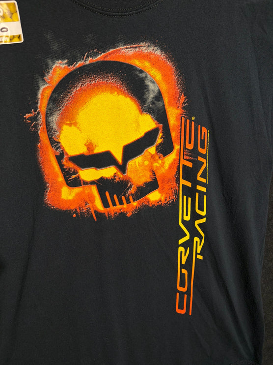 OutOf10 black cotton t-shirt featuring a vibrant orange and yellow flaming skull Corvette Racing graphic print.