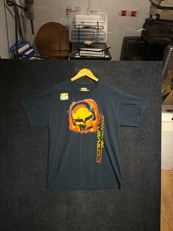 OutOf10 black cotton crewneck t-shirt featuring a vibrant Corvette Racing skull graphic print on the chest.