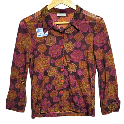 OutOf10 Cote A Cote Paris semi-sheer button-down shirt featuring a geometric floral print in plum, magenta, and ochre.