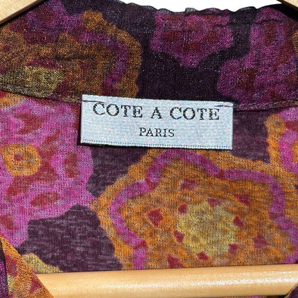 OutOf10 Cote A Cote Paris long sleeve shirt featuring a semi-sheer geometric floral print in plum, magenta, and ochre.