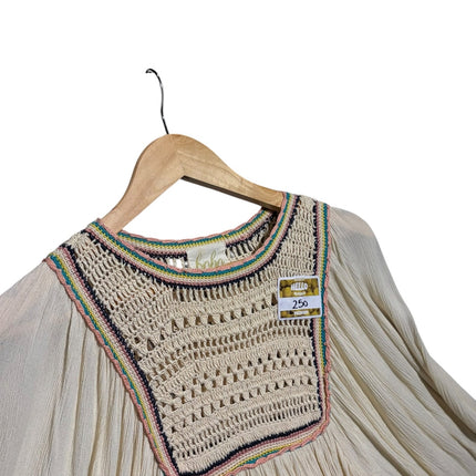 OutOf10 cream bohemian blouse with long sleeves and intricate multi-coloured crochet embroidery at the neckline